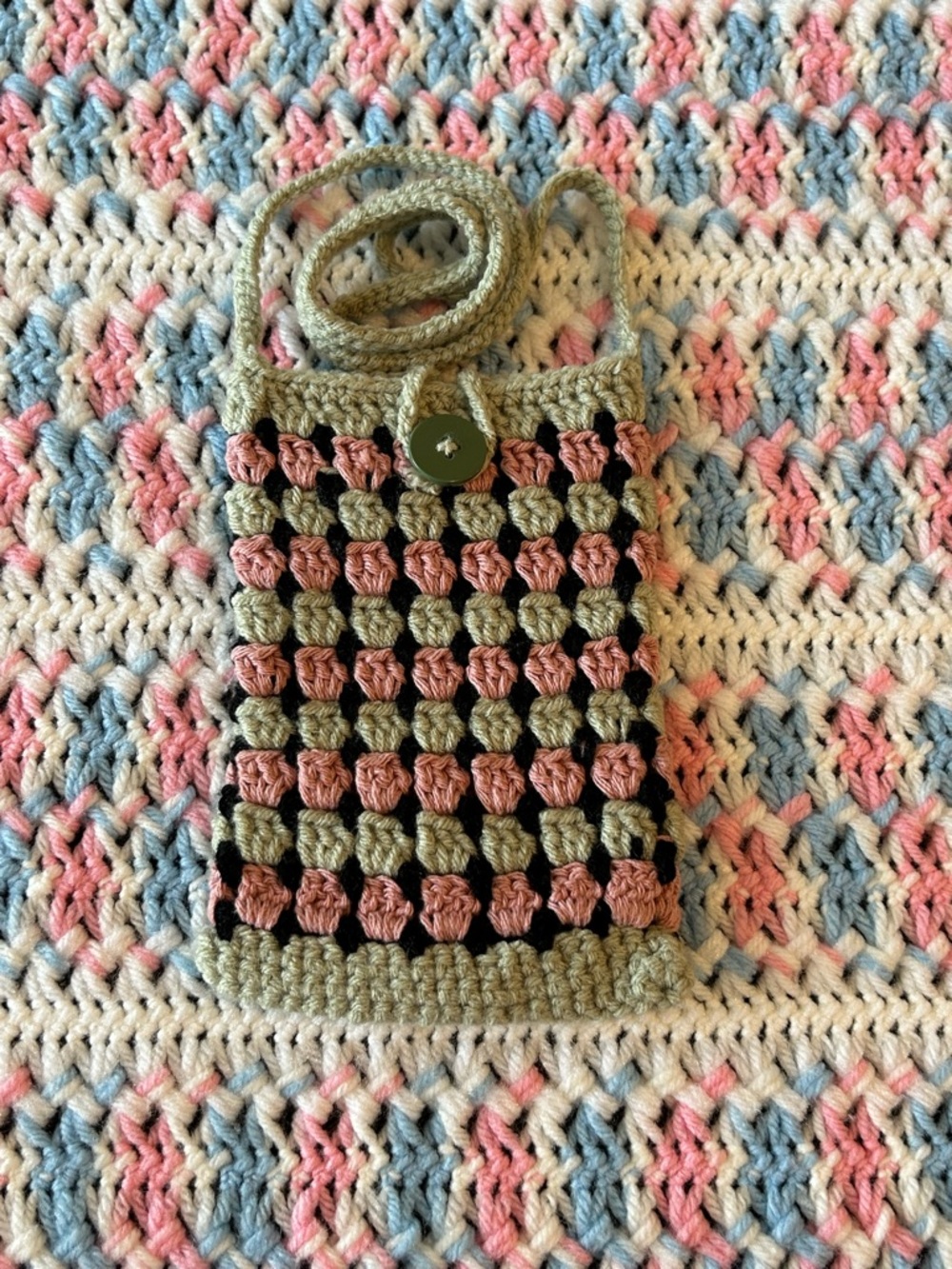 Hand Crafted Olive Green, Pink & Black Crochet Crossbody Bag